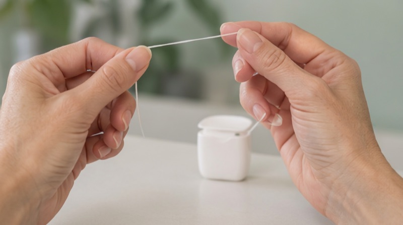 Hands using dental floss, part of caring for your teeth at home after a cleaning