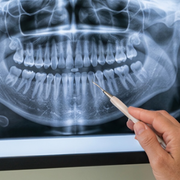Radiografía panorámica dental en una pantalla, con un instrumento señalando un diente